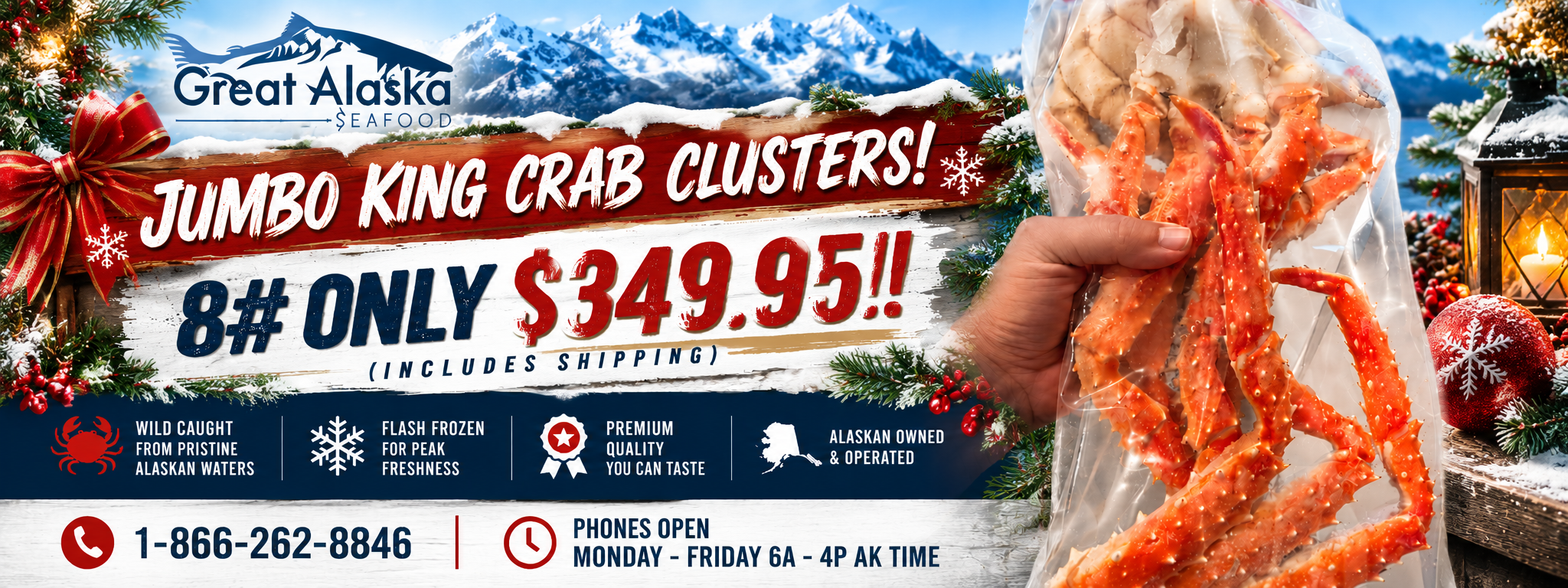 Jumbo King Crab Clusters 8lb Holiday Theme